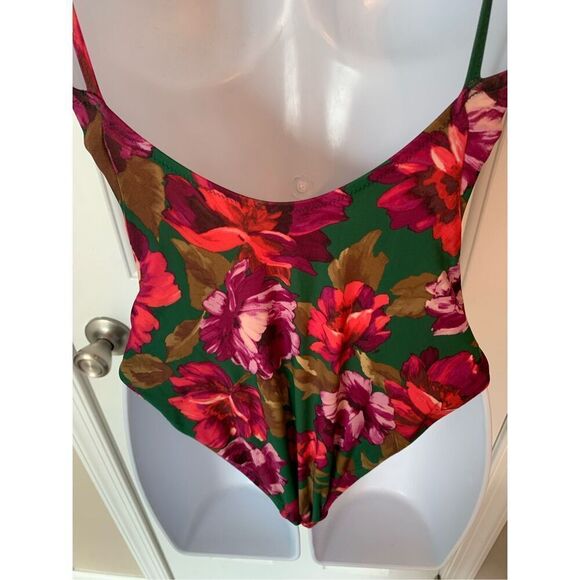 J Crew Emerald Green Bold Floral Ruffled Shoulder Swimsuit Size S - Picture 3 of 8